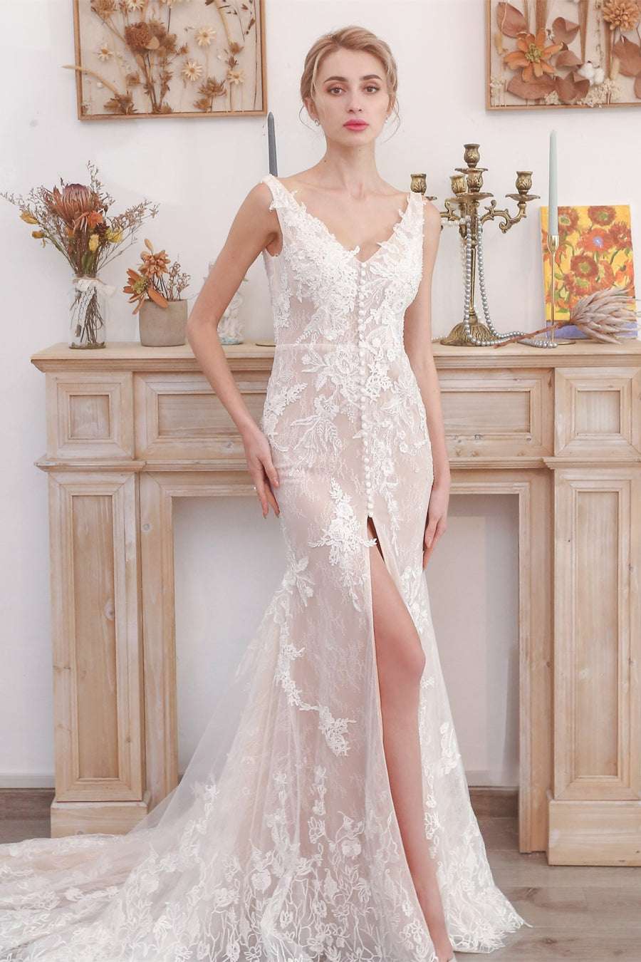 Flattering White Lace Mermaid Long Wedding Dress with Slit White / US 6 Flattering White Lace Mermaid Long Wedding Dress with Slit White / US 6