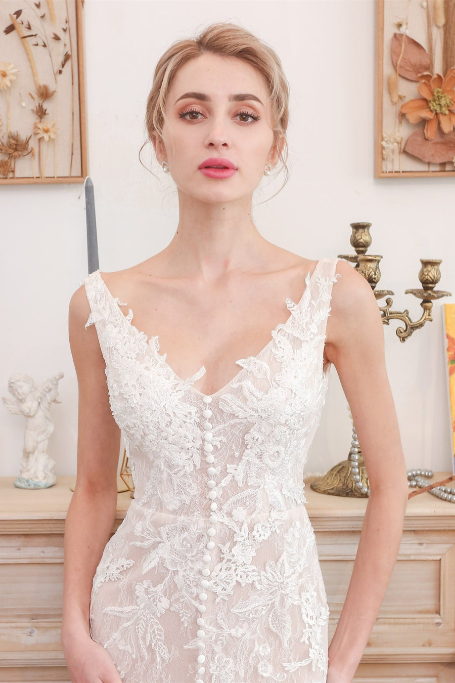 Flattering White Lace Mermaid Long Wedding Dress with Slit