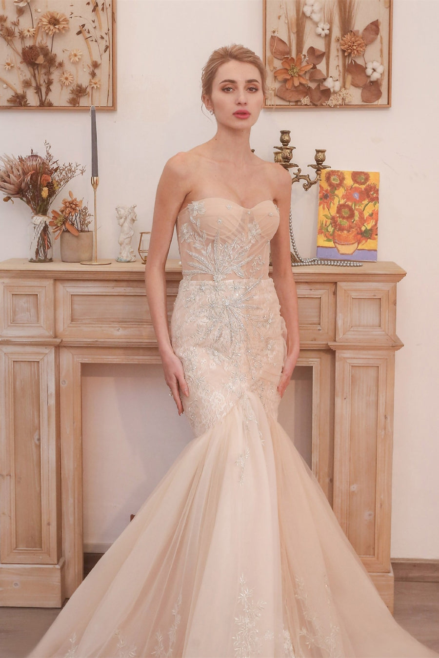 Champagne Mermaid Sweetheart Tulle Long Wedding Dress