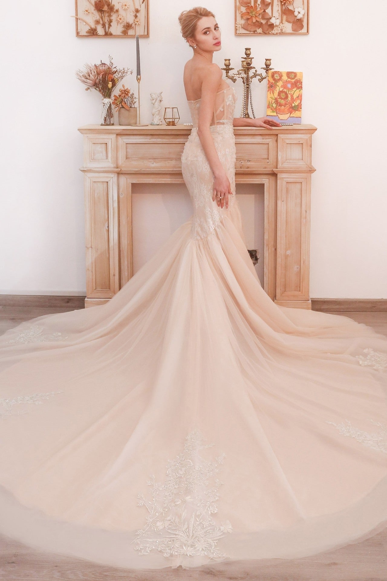 Champagne Mermaid Sweetheart Tulle Long Wedding Dress