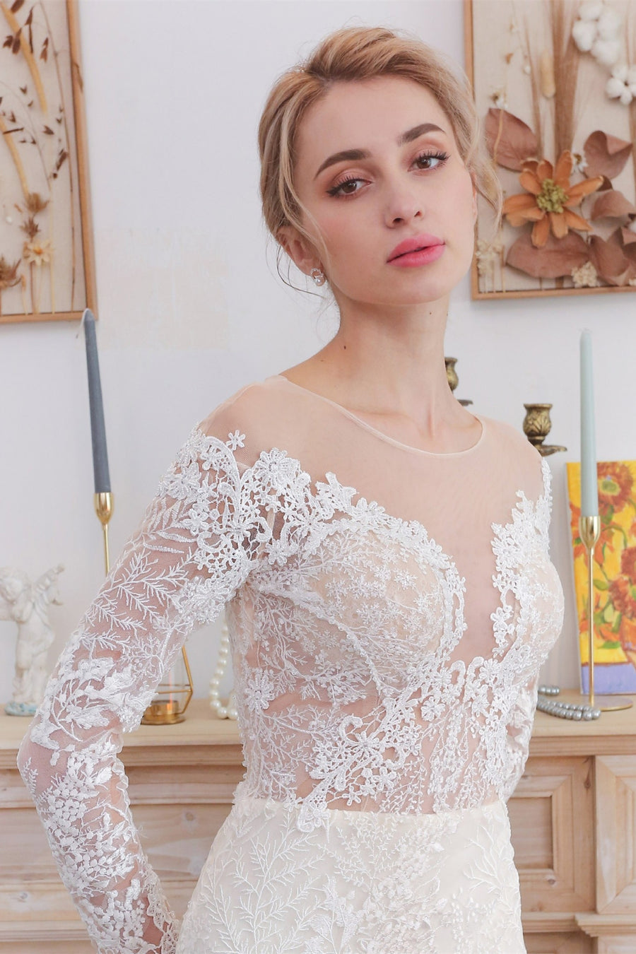 Princess Long Sleeve Mermaid Wedding Dress with Long Train White / 8 Princess Long Sleeve Mermaid Wedding Dress with Long Train White / 8