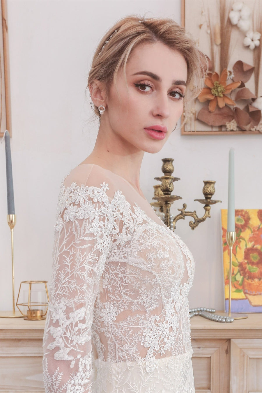 Long Sleeves White Lace Mermaid Wedding Dress