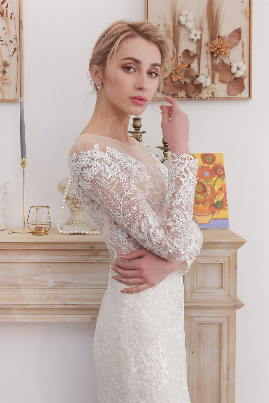 Princess Long Sleeve Mermaid Wedding Dress with Long Train White / 8 Princess Long Sleeve Mermaid Wedding Dress with Long Train White / 8