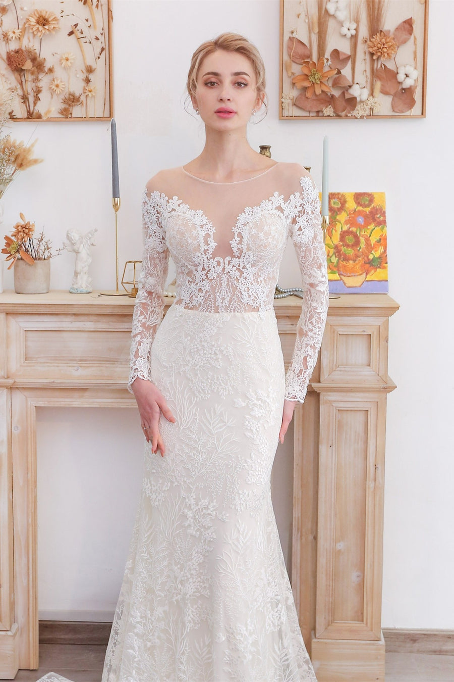 Long Sleeves White Lace Mermaid Wedding Dress