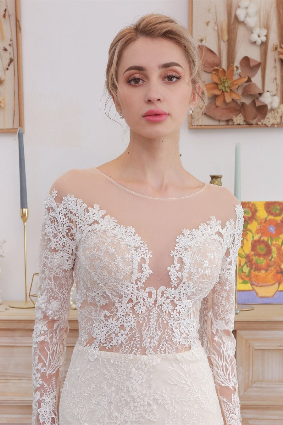 Long Sleeves White Lace Mermaid Wedding Dress