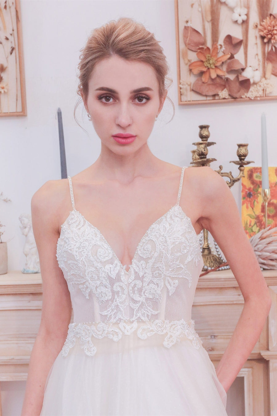 Plunge White A-line Long Wedding Dress with Pockets