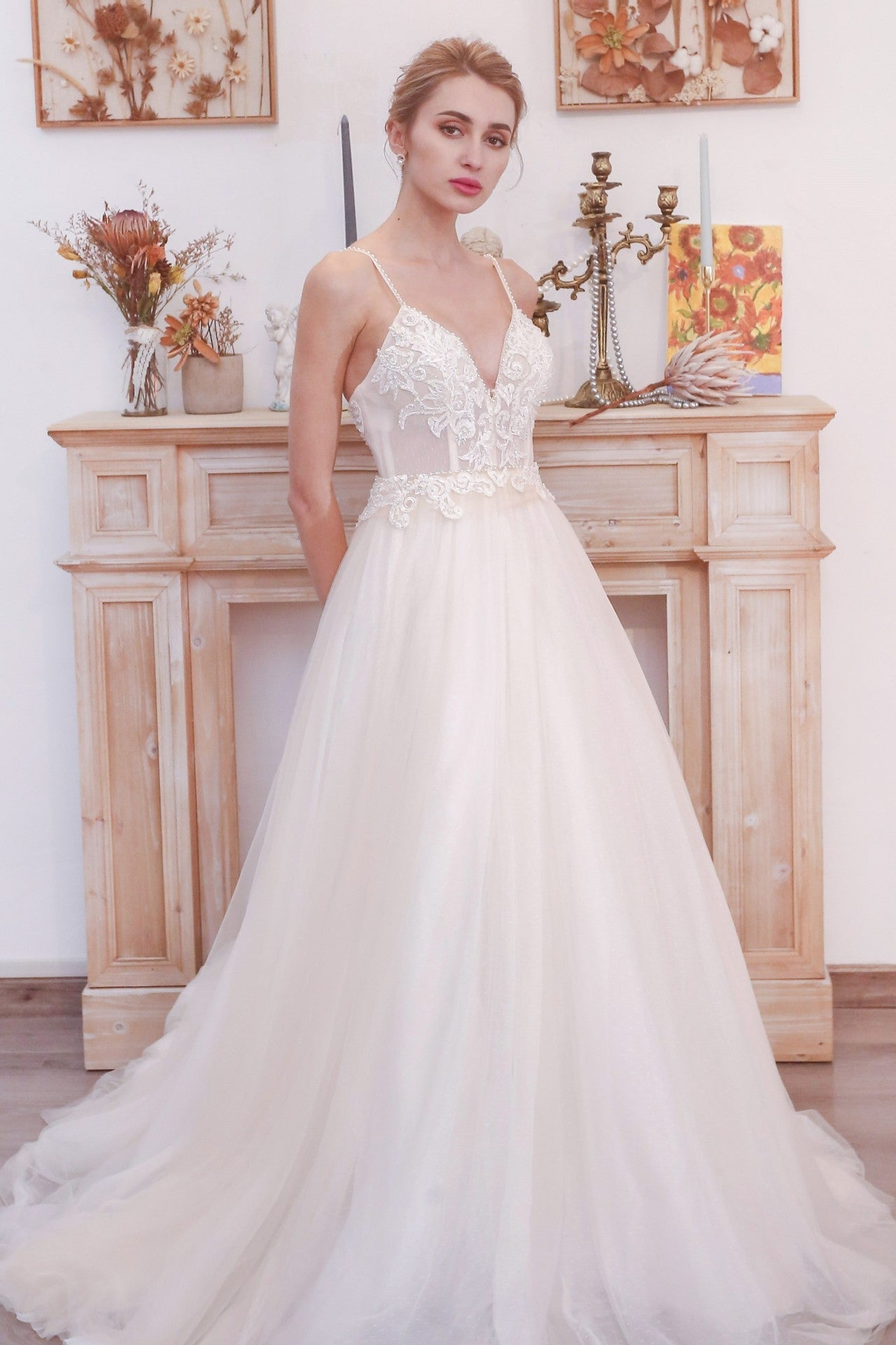 Plunge White A-line Long Wedding Dress with Pockets
