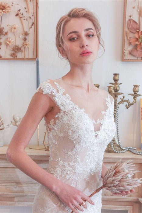 Plunge White A-line Long Wedding Dress with Pockets