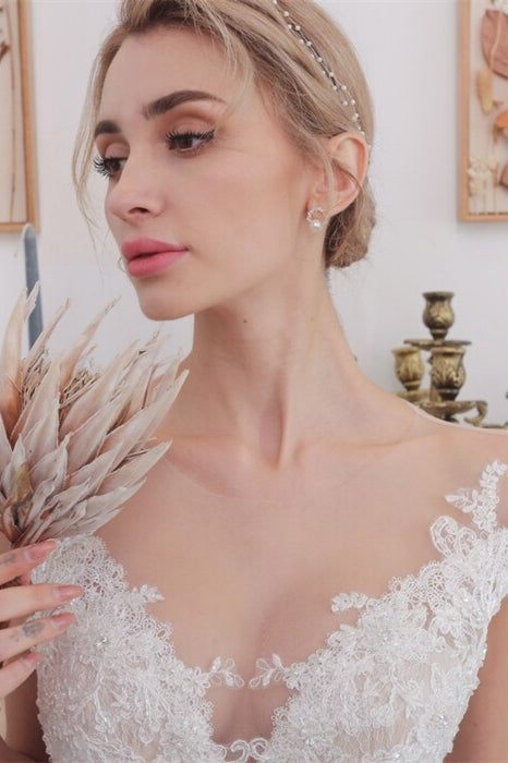 Plunge White A-line Long Wedding Dress with Pockets