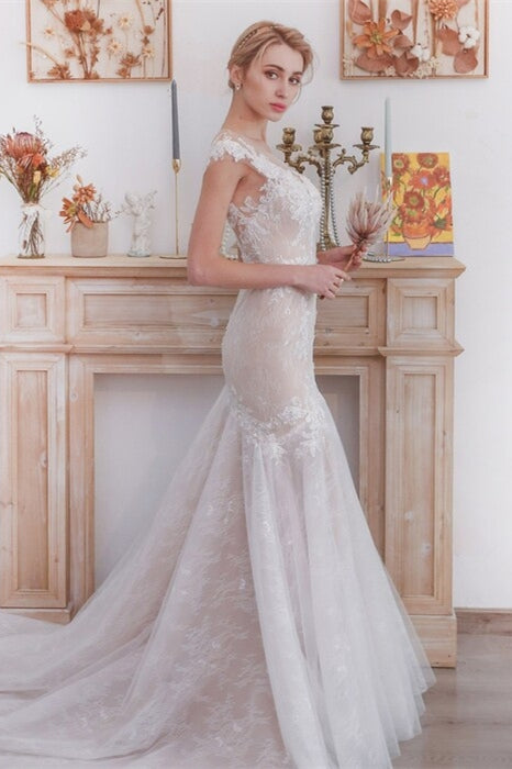 Plunge White A-line Long Wedding Dress with Pockets