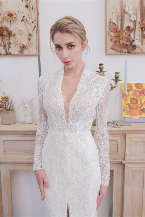 Modest High Neck Long Wedding Dress with Slit