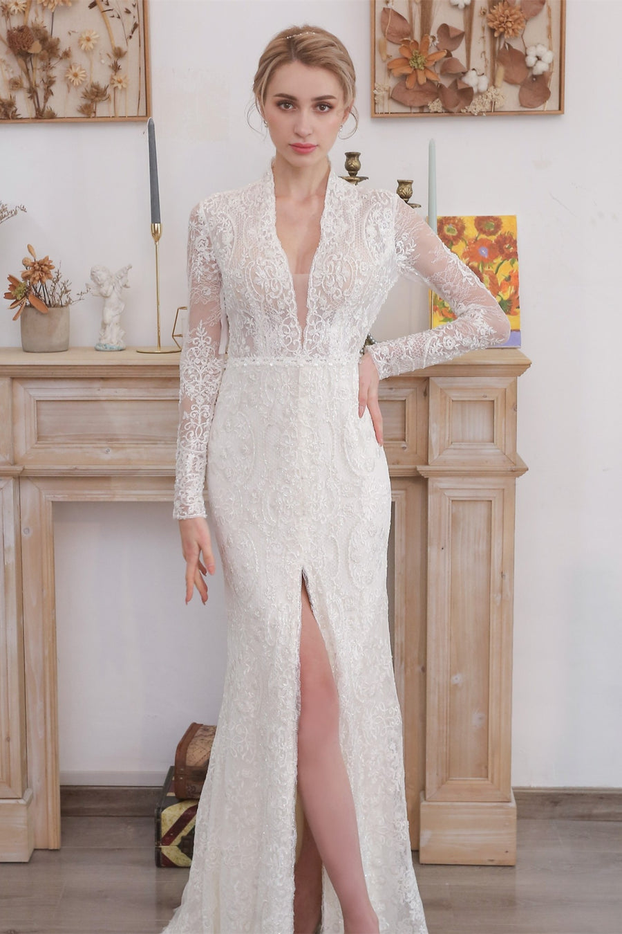 Modest High Neck Long Wedding Dress with Slit White / Custom Size Modest High Neck Long Wedding Dress with Slit White / Custom Size