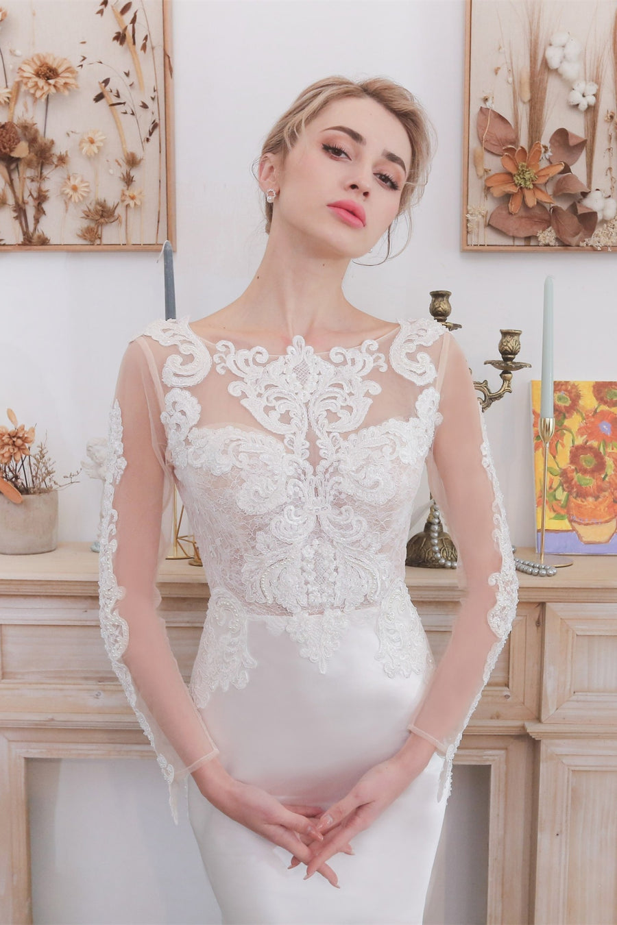 Long Sleeves Mermaid White Satin Wedding Dress