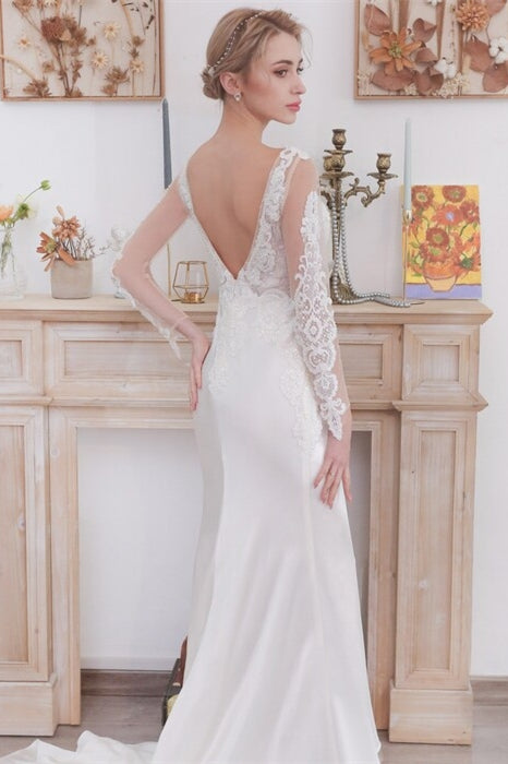 Long Sleeves Mermaid White Satin Wedding Dress White / US 6 Long Sleeves Mermaid White Satin Wedding Dress White / US 6