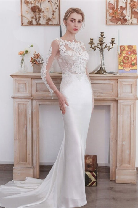 Long Sleeves Mermaid White Satin Wedding Dress