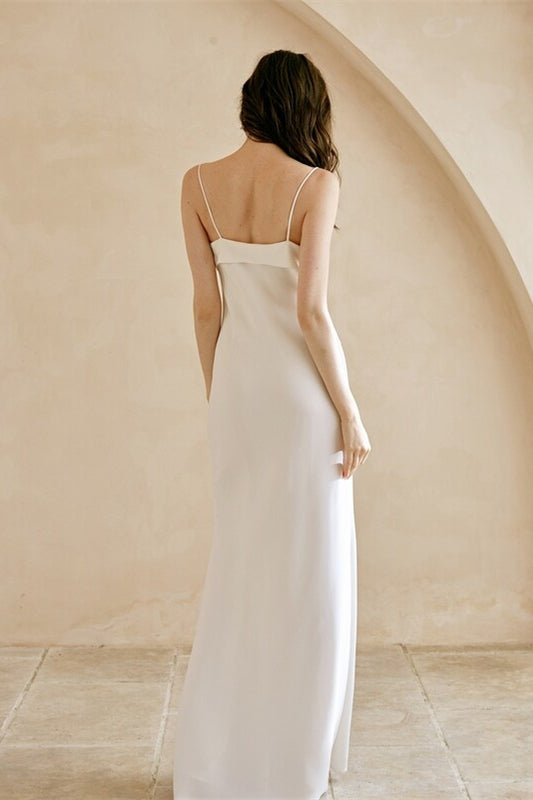 Casual White Wedding Dress with Bow Neck