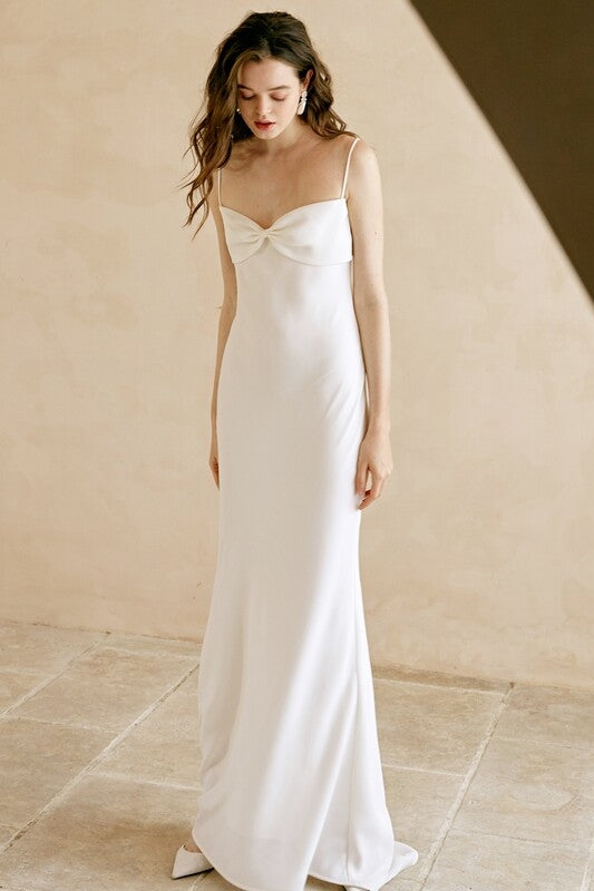 Casual White Wedding Dress with Bow Neck