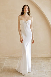 Casual White Wedding Dress with Bow Neck