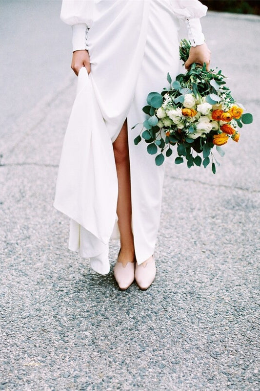 Bell Sleeves White Long Wrap Wedding Dress