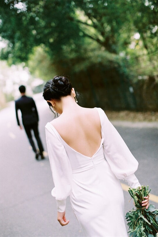Bell Sleeves White Long Wrap Wedding Dress