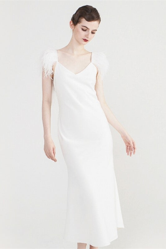 Simple Midi Length Wedding Dress with Fur