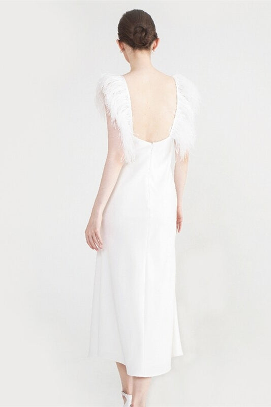 Simple Midi Length Wedding Dress with Fur