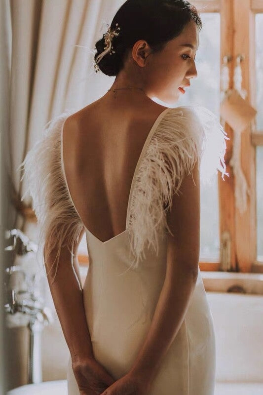 Simple Midi Length Wedding Dress with Fur