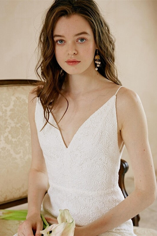 Simple White Lace Long Wedding Dress