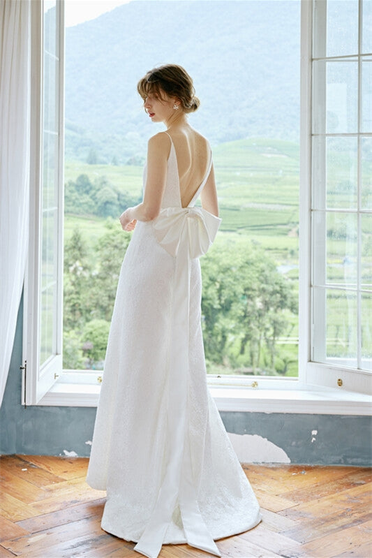 Simple White Lace Long Wedding Dress