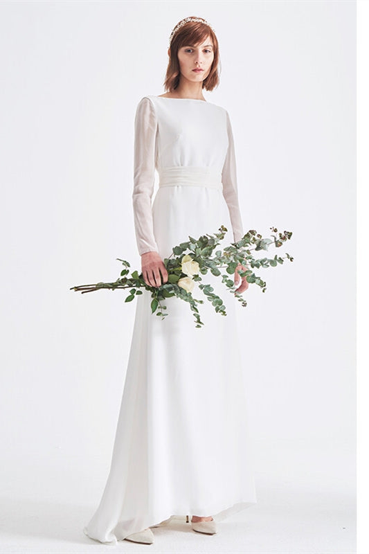White Long Wedding Dress with Sheer Long Sleeves