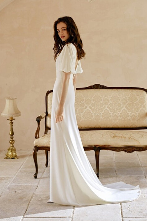 Short Sleeves White Long Wedding Dress