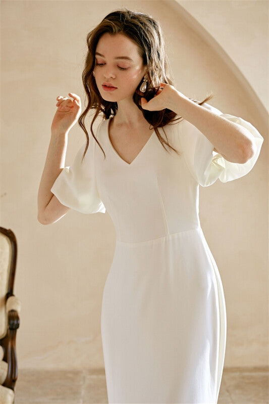 Short Sleeves White Long Wedding Dress