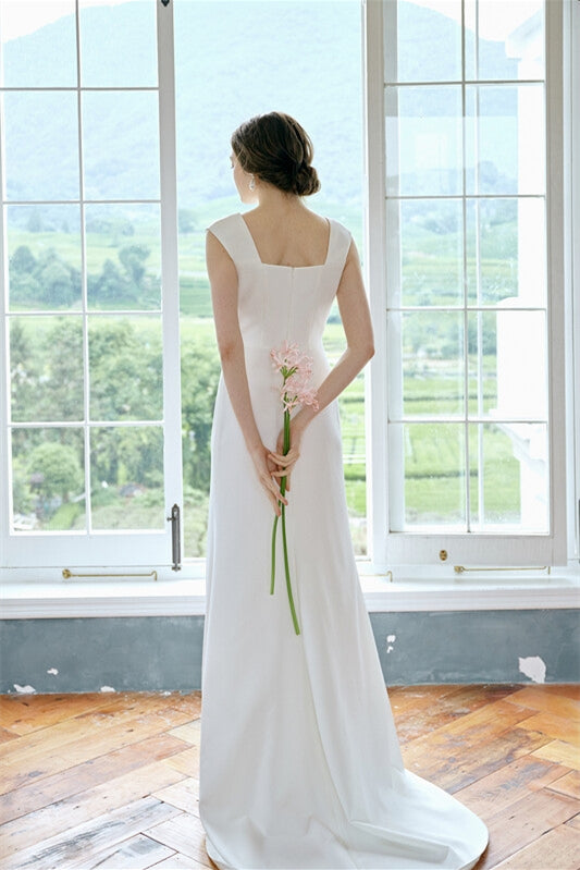 Square Neck White Long Wedding Dress