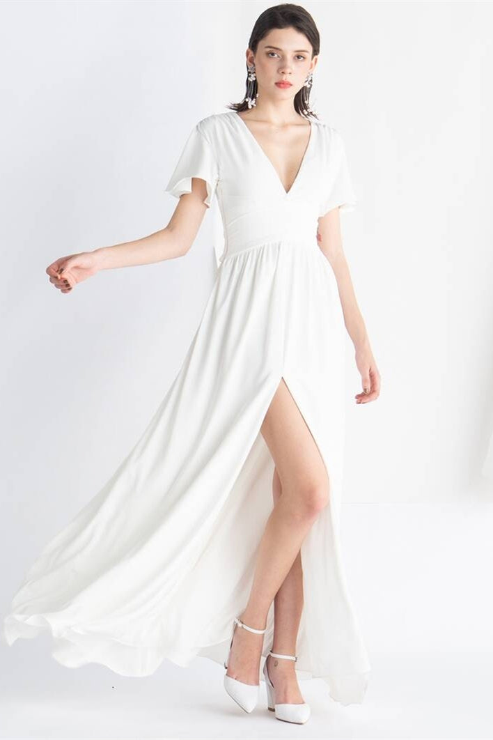 White Chiffon Long Dress with Slit