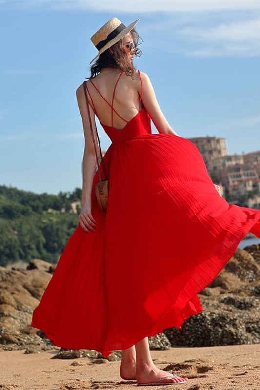Red Chiffon Summer Long Dress Red / US 12