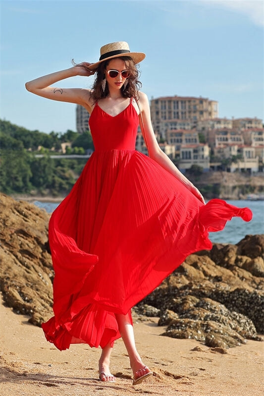 Red Chiffon Summer Long Dress Red / US 12