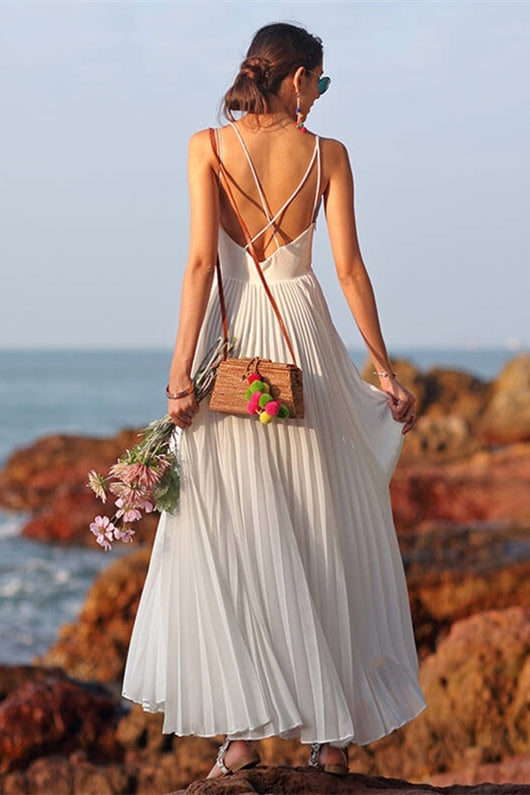 White Pleated Chiffon Long Maxi Dress White / US 16