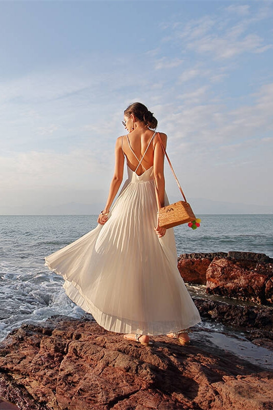 White Pleated Chiffon Long Maxi Dress White / US 16