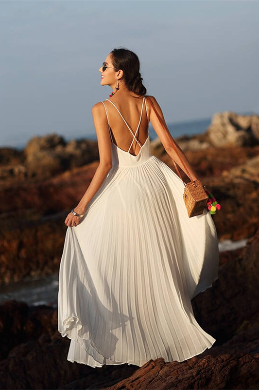 White Pleated Chiffon Long Maxi Dress White / US 16