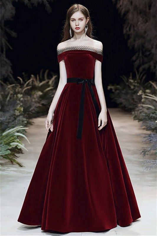 Wine Red Velvet Long Dress with Off the Shoulder Neckine