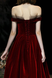 Wine Red Velvet Long Dress with Off the Shoulder Neckine