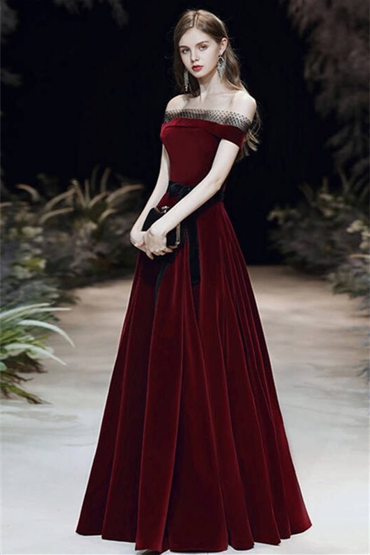 Wine Red Velvet Long Dress with Off the Shoulder Neckine