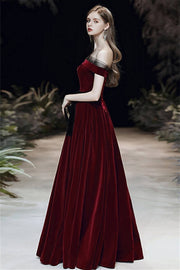 Wine Red Velvet Long Dress with Off the Shoulder Neckine