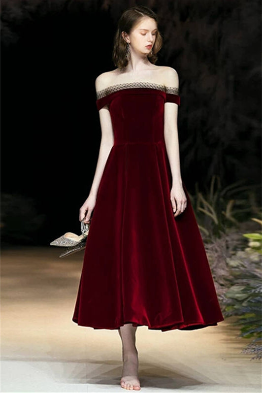 Wine Red Velvet Midi Dress