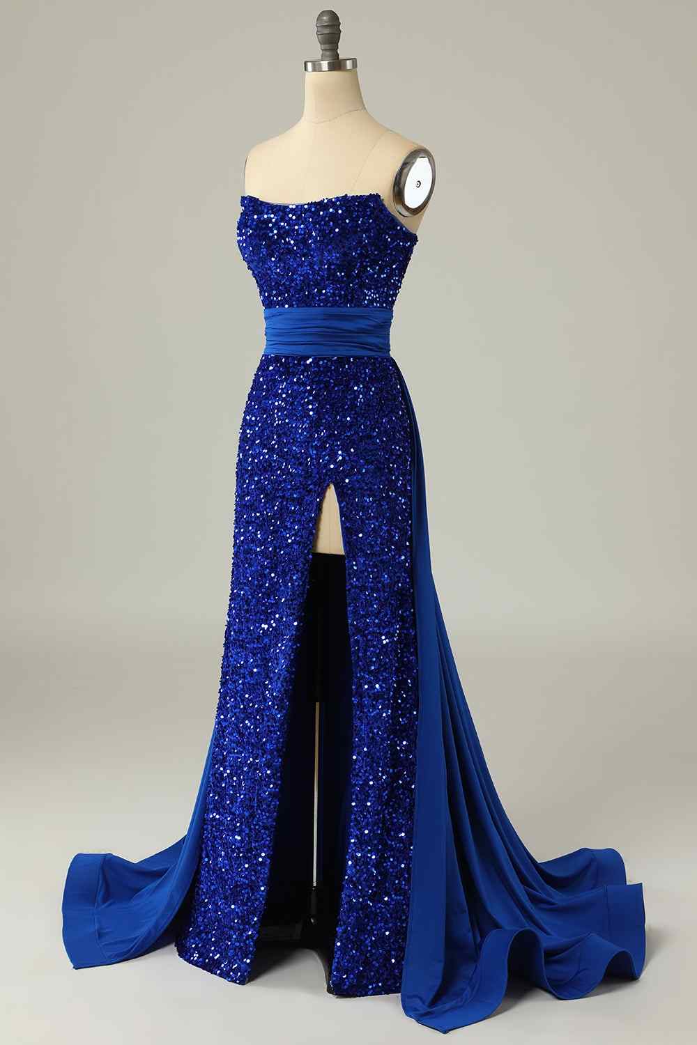 Royal Blue Mermaid Strapless Sequins Slit Long Prom Dress