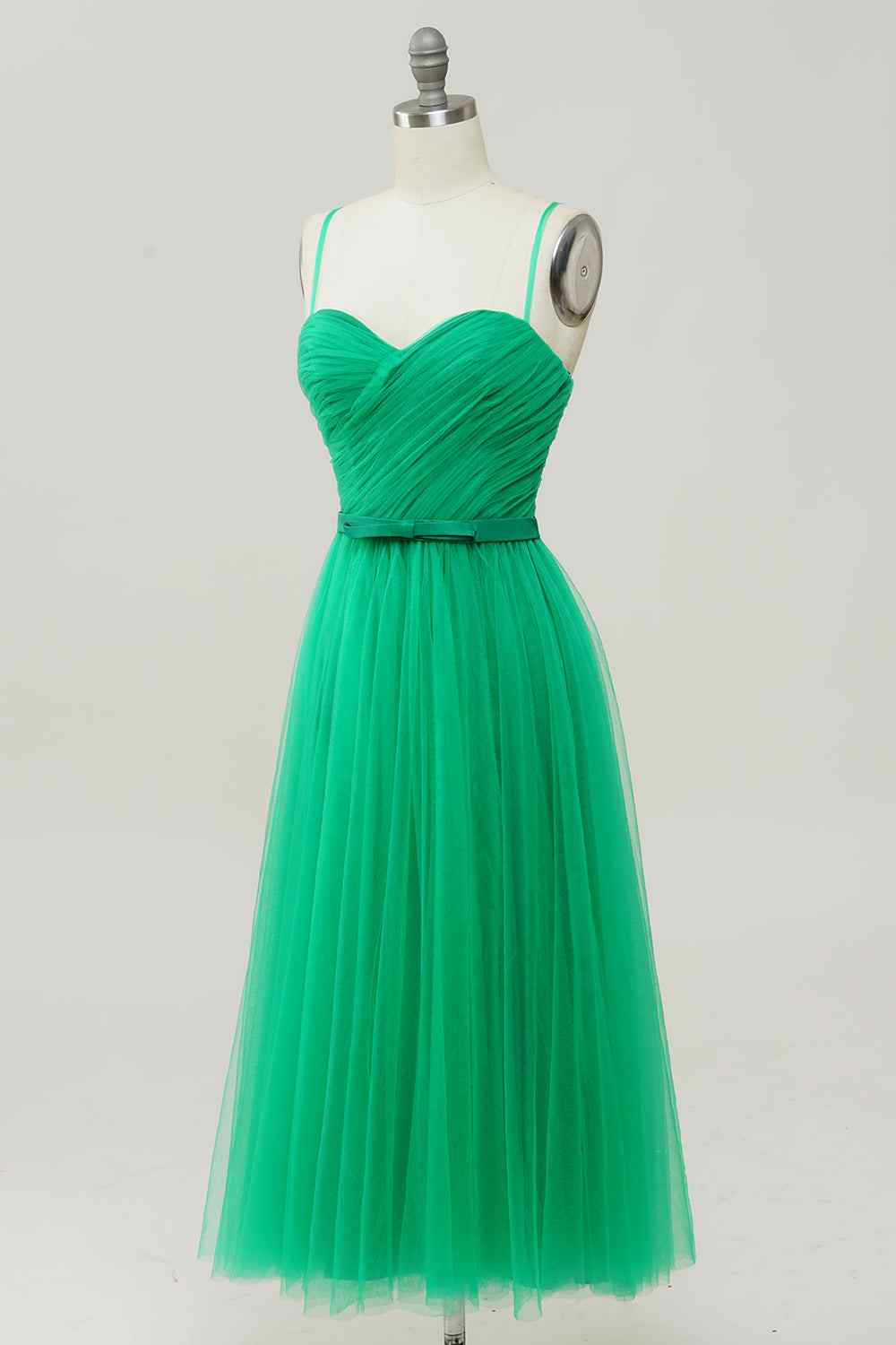 Green A-line Sweetheart Neck Tulle Pleated Knee Length Prom Dress