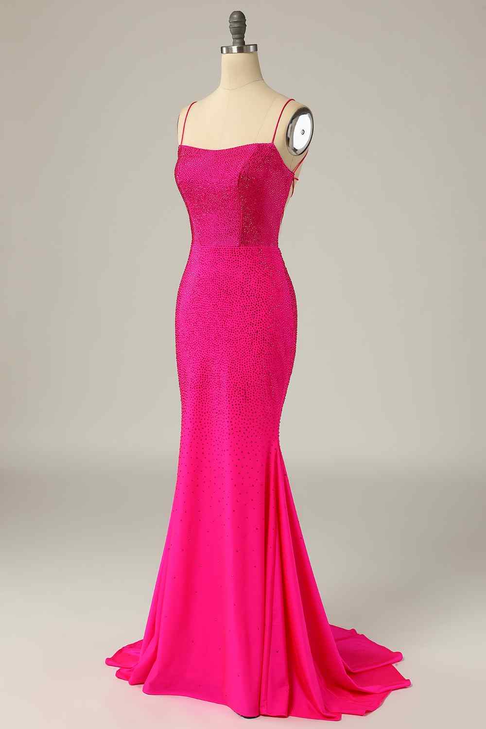 Fuchsia Mermaid Scoop Neck Satin Rhinestone Lace-Up Back Long Prom Dress