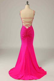 Fuchsia Mermaid Scoop Neck Satin Rhinestone Lace-Up Back Long Prom Dress