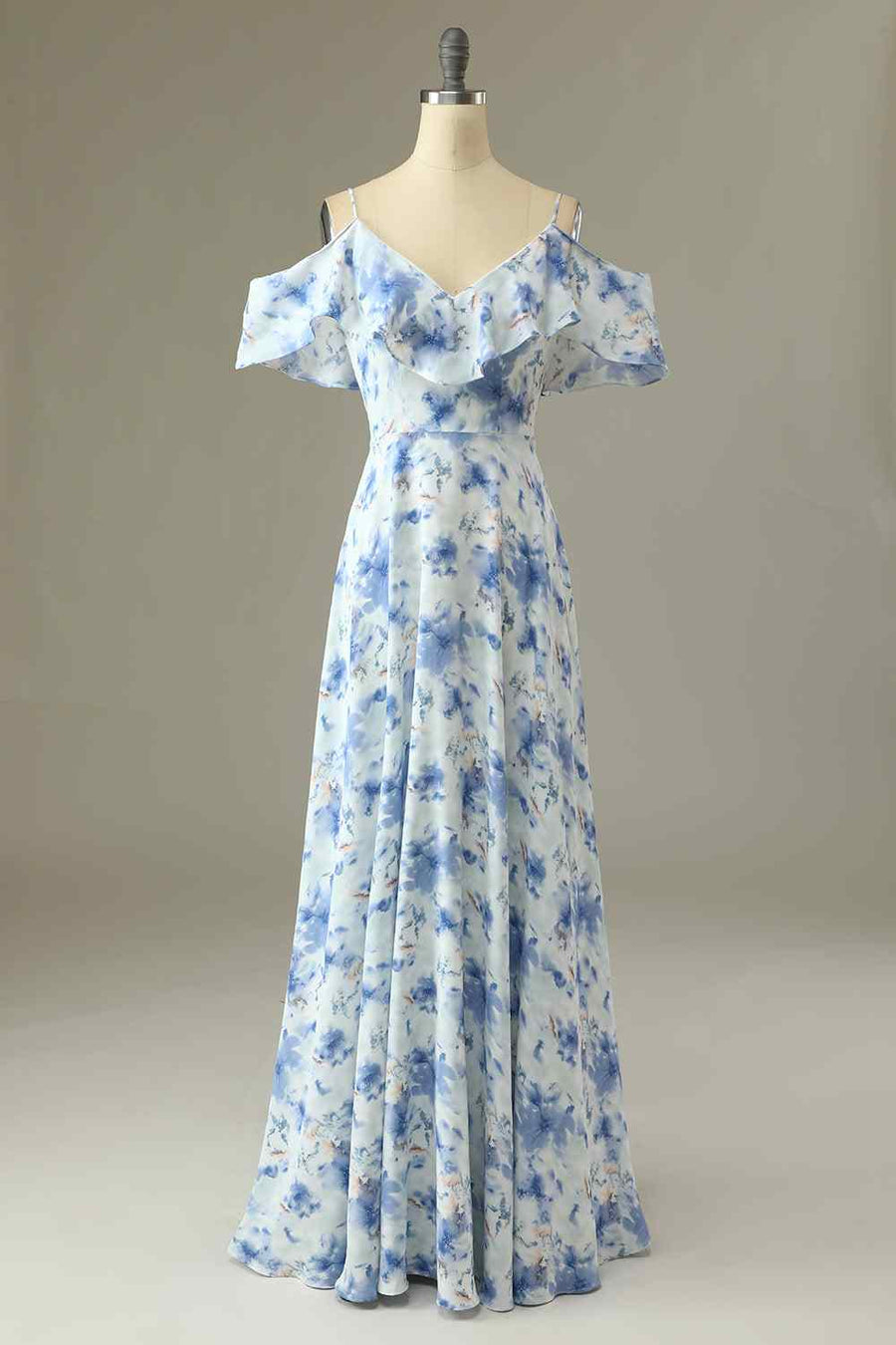 Blue Floral Prints A-line V Neck Flaunt Sleeves Chiffon Long Bridesmaid Dress