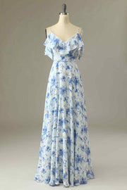Blue Floral Prints A-line V Neck Flaunt Sleeves Chiffon Long Bridesmaid Dress